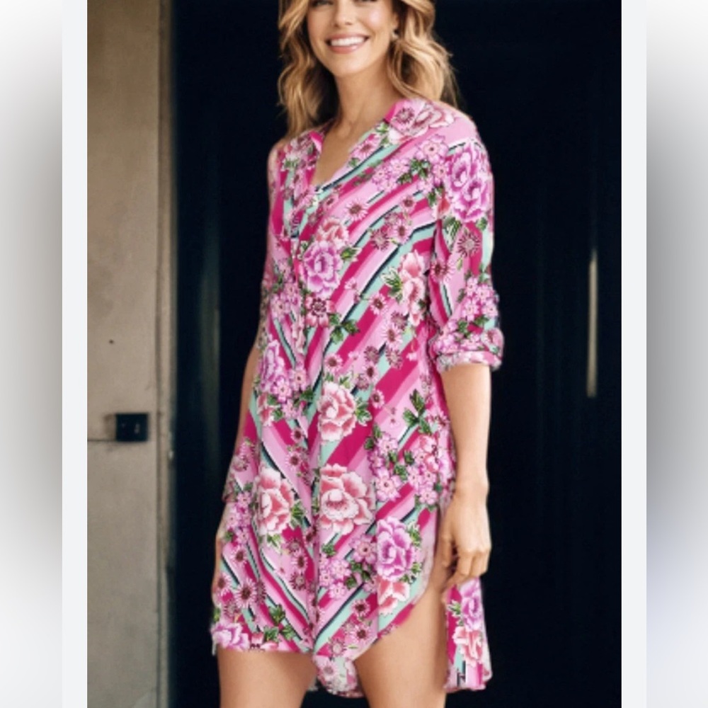 New Johnny Was Pink Floral Long sleeve, button down shirt dress Bocardi size S